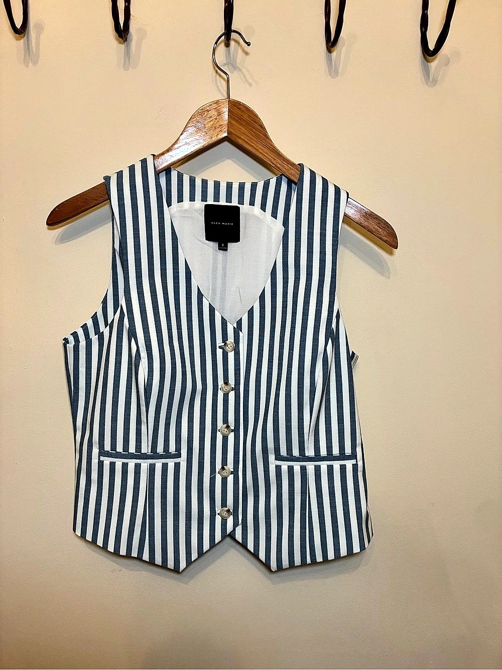 Alex Marie Nessa Novelty Stripe Suiting V-Neck Sleeveless Vest Blue & White Size